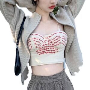 Cream Embroidered Text Corset Bustier Crop Top Spaghetti‎ Strap